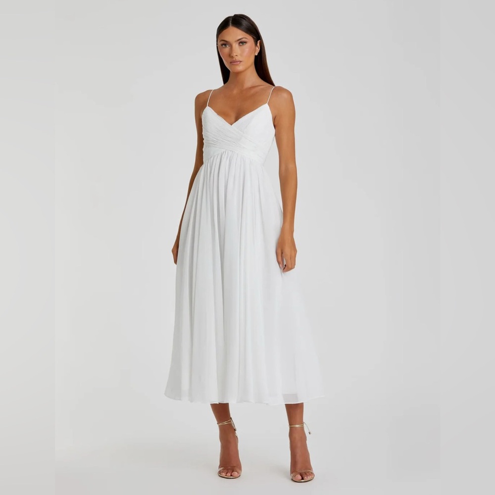 MAC DUGGAL - White Faux Wrap Sleeveless Flowy Midi Dress - NEW